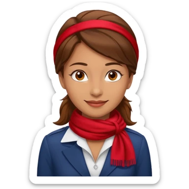Female flight attendant, with red scarf, white shirt, brown hair, brown eyes, iOS emoji-type face sticker