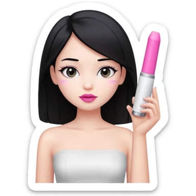 girl with waist-length black straight hair, pink lipstick, soft aura, white tube top sticker