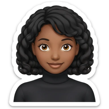 Create a custom emoji-style character inspired by a smiling black woman with curled black hair, dark skin tone, dark eyes, and wearing a turtleneck.  sticker