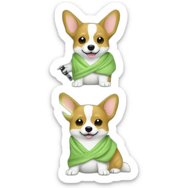 Corgi dress as yoda with one light saber green sticker
