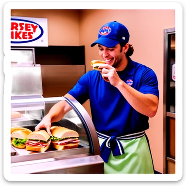 Employee at jersey mikes making a sandwich for the customer behind the counter  sticker