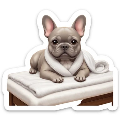 A gray French Bulldog lying relaxed on a professional massage table in a cozy spa room. Soft warm lighting, clean interior, gentle towels, peaceful atmosphere, detailed high-quality render, cute facial expression, realistic fur texture. sticker