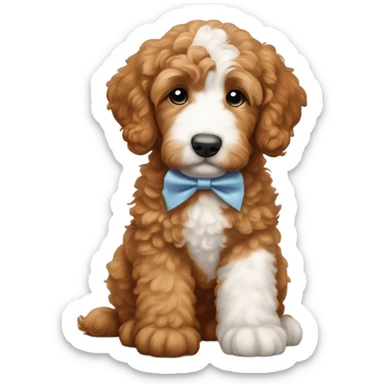 Red goldendoodle puppy white patch on head & bow on head sticker