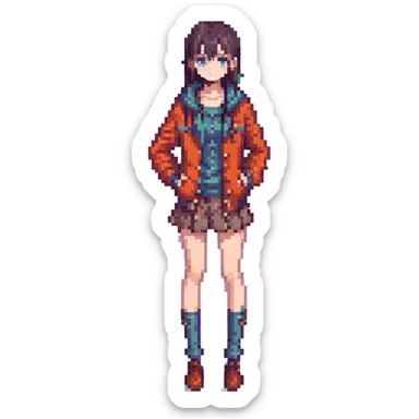 stylish anime girl, pixel art style, fashionable outfit, confident stance sticker