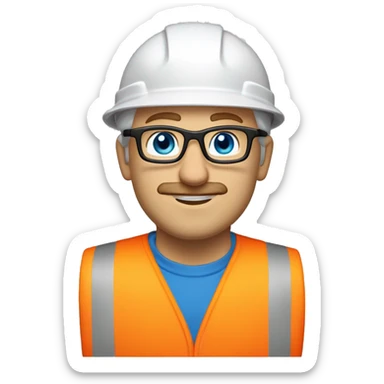 blonde man, thin face, no beard but with mustache, blue/green eyes, glasses, wearing white hard hat that says ”gmc” in orange letters, orange safety vest, blue shirt sticker