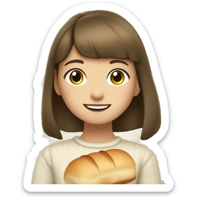 “A young girl with brown hair and short bangs, wearing a light sweater with yellow flowers. She’s holding a piece of bread and smiling softly.”  sticker