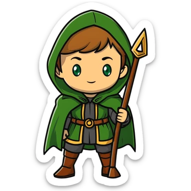 Rudeus Greyrat from Mushoku Tensei, green eyes, short light brown hair, wearing adventurer's outfit with a green cloak, holding a staff, confident and curious expression sticker