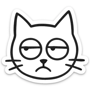 minimalist line art eye-rolling cat, black and white, transparent background sticker