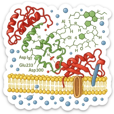 Ultra-realistic scientific illustration of enzymatic starch digestion at the cellular level, rendered in textbook-accurate detail. Show:

Multiple amylase enzyme molecules (red, with clear tertiary structure showing alpha-helices and beta-sheets) actively cleaving
Starch polymers (green amylose/amylopectin with accurate glucose unit linkages - α(1→4) and α(1→6) branches)
Cell membrane segment (yellow phospholipid bilayer with integral proteins and cholesterol molecules)
Reaction environment (blue water molecules, ionic interactions, pH-sensitive groups)
Molecular interactions (hydrogen bonds, substrate-enzyme transition state, electron cloud textures)
Technical Specifications:

Background: Pure white (#FFFFFF)
Accuracy: PDB-level structural correctness (reference 1SMD for amylase)
Exclusions: No labels
Special Details to Include:

Catalytic triad (Asp197, Glu233, Asp300) in amylase active site
Starch helix distortion during hydrolysis
Membrane protein channels for glucose transport sticker