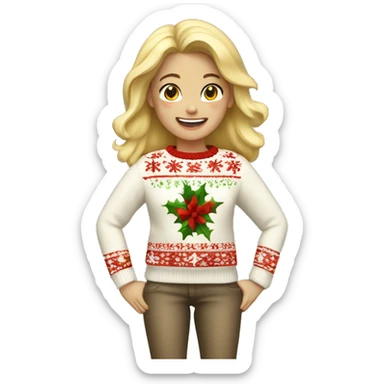 Blonde girl wearing Christmas sweater saying yay sticker