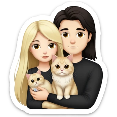 pretty girl with long dark hair holding a blonde persian cat beside her boyfriend holding a small black cat sticker