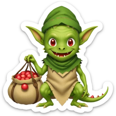 A retro pixel art goblin with a cloth sack over its back filled with dragon eggs. sticker