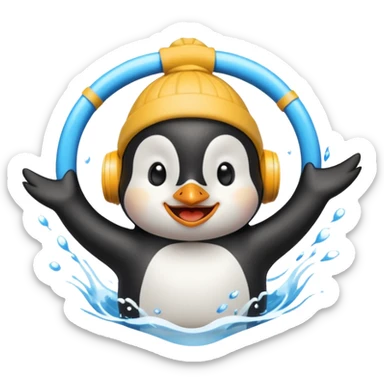 A cheerful penguin swimmer in swim cap, doing a playful backstroke with water rings popping around.
 sticker