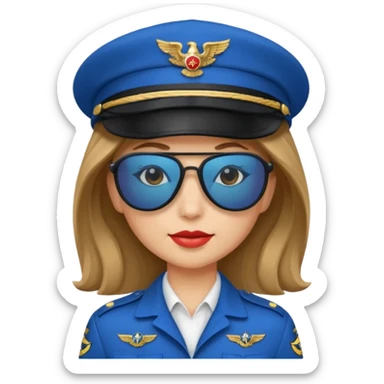 pilote d'avion femme cheveux brun clair avec sunglasses noires et chapeau de pilote et uniforme bleu sticker