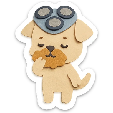 chibi electric shaver-dog hybrid, brushing its fuzzy face, creamy beige tones, full-body sticker