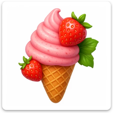 3D iOS style emoji with ice cream, strawberries, and green leaves sticker