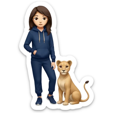 León tierno que sea mujer con pantalones guangos color azul marino y una sudadera negra con cabello suelto color castaño obscuro sticker