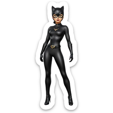 Isolated, ultra detailed illustration of the most incredibly realistic catwoman, DC Hero. Full body, patent leather shiny black out piece outfit, perfect makeup,
figurine imaginable, toy style. sticker