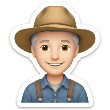 smiling young man with gray hair and a wide-brimmed farmer hat sticker