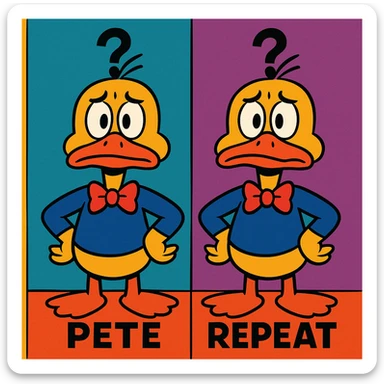 playful illustration of Pete and Repeat, two identical cartoon ducks standing side by side, both looking confused, fun and colorful style sticker