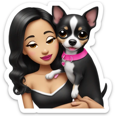 Thick medium black hair with hot pink lips and pink cheek smiling Filipino lady hugging black and white Chihuahua  sticker