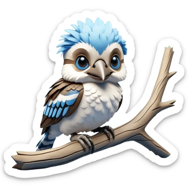 cinematic-kookaburra-realistic-full-body-perched-emoji,-compact-sturdy-frame-balanced-on-a-weathered-branch,-blue-and-white-feathered-wings-folded-neatly,-bold-striped-face-with-a-mischievous-glint-in-its-eye,-massive-sharp-beak-slightly-open-as-if-ready-to-laugh,-simplified-yet-realistic-focused-features,-highly-detailed,-glowing-with-a-warm-golden-light sticker