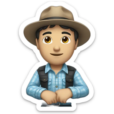 White Man with black hair, strip blue flowered shirt, brown hat, setting on a bench sticker