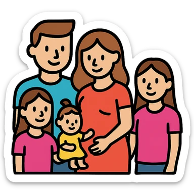 modern icon of a family group: dad, pregnant mom, two teen girls, and a small baby girl, showing affection and unity sticker