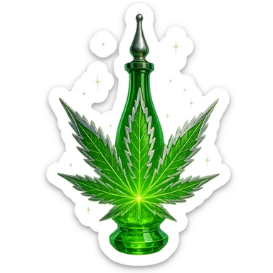 prabangus eliksyro buteliukas, kanapės lapo forma arba su kanapės motyvais, ryškiai žalia spalva, sidabrinės ir holografinės detalės, labai mažas kaklelis, vientisas dugnas, dar daugiau magiškų efektų, buteliukas plūduriuoja ore, be pagrindo ar šešėlio, modernus, kolekcijai tinkamas, skaidrus fonas sticker