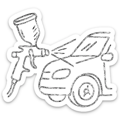 hand-drawn outlined icon of a paint spray gun pointing at a car section, light layer of glossy black paint spraying out, silver details, clean lines, no excess paint, clean and modern sticker