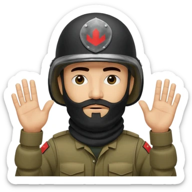 surrenders, depicts an Iraqi soldier from 1980, with a beard, in a helmet, a helmet without signs, with a balaclava, with sad eyes and raised hands sticker