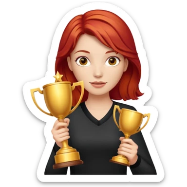 woman with red hair holding a trophy sticker