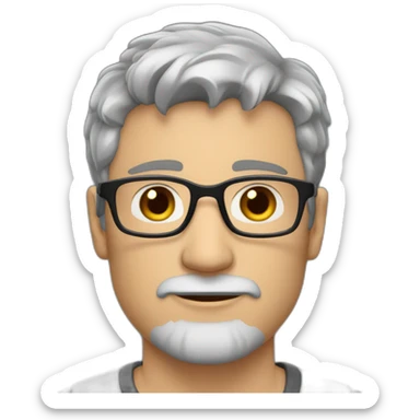 Caucasian man 40. brown eyes. short hair and short gray beard. disheveled without parting. black glasses sticker