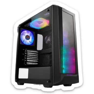 Black gaming PC RGB mid-tower case with glass side panel sticker