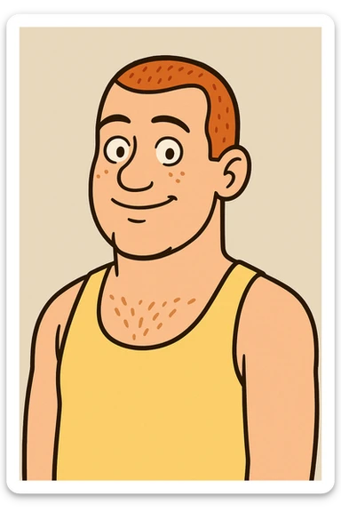 redhead man with a buzz cut wearing a yellow tank top, upper body, friendly expression, neutral background sticker