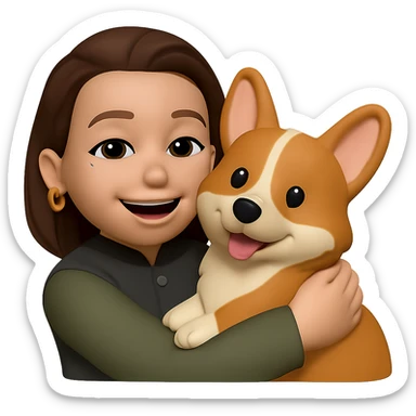 add golden ring earrings to her ears while she is hugging a corgi dog, keep the same style sticker