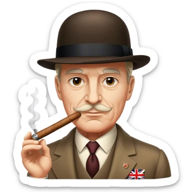 Cinematic Realistic Winston Churchill Portrait Emoji, depicted as a resolute British statesman with a signature bowler hat and a cigar, exuding determined leadership and wartime valor, rendered with lifelike textures and dramatic vintage lighting that captures his iconic British spirit. sticker