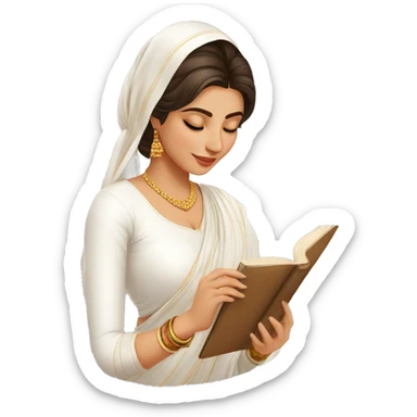 A modern women wearing  simple full white kurti  badhni dupatta and book in hand sticker