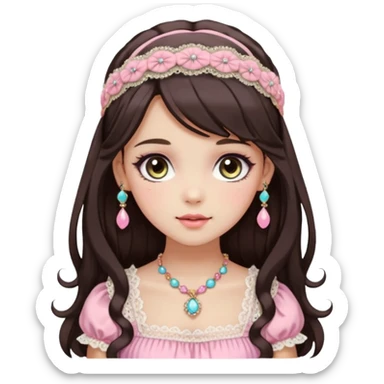 Gorgeous spectacular epic realistic mature anime-styled smooth soft shiny romantic pastel anime style lady with blushing cheeks, with a lace-maiden-headband, long beautiful luscious stylish hair, big pretty eyes, dark-brown hair, colorful pastel Lolita dress, necklaces, jewels sticker