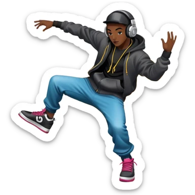 Icon for Street Dance: a dancer in urban streetwear performing a dynamic lower breakdance move, with a spray-painted background, headphones, and a boombox on the asphalt. The icon should capture the energy, style, and creativity of street dance culture. Transparent background. sticker