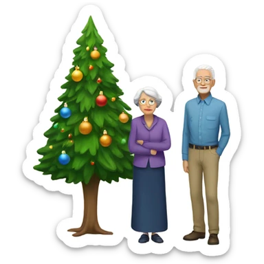 Old man and old woman standing next to a Christmas tree sticker