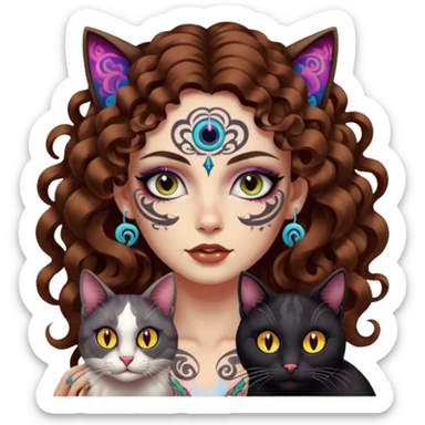 woman with long curly brown hair, brown eyes, white skin, tattoos, black cat with psychedelic spiral eyes mirroring hers sticker