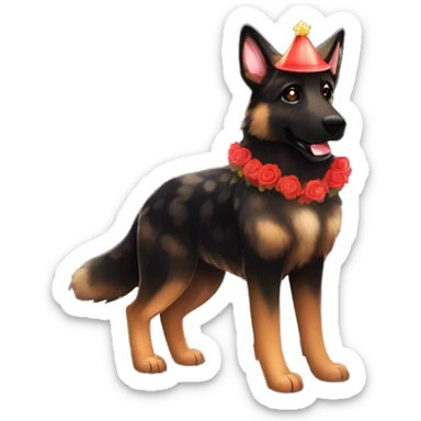 Bokeh Midnight constellation night stars Brindled striped brindle black German shepherd fox carrying glowing red lantern, fairy lights, rose flower crown, bokeh lights, out of focus blur sticker