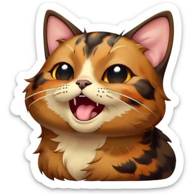 Cinematic Cute Yawning Tortoiseshell Cat Portrait Emoji, Head slightly tilted with a wide, adorable yawn and half-closed, dreamy eyes, featuring a warm, mottled fur of rich browns and blacks, simplified yet irresistibly cute, highly detailed, glowing with a soft, slumbering radiance, high shine, exuding a relaxed, drowsy charm, styled with a gentle, soft glowing outline, capturing the essence of a tortoiseshell cat in a precious moment of sleepy delight! sticker