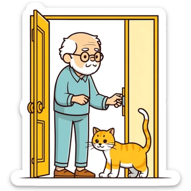  old blind man opening and closing the door four ￼his golden cat  sticker