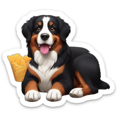 Bernese mountain dog eating an chips and drinking wine sticker