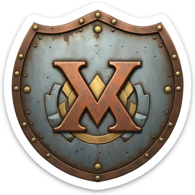 a battle worn steel shield with engraved roman numerals "XXX", the roman numerals should be prominent and in the center of the shield sticker
