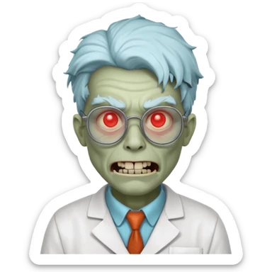 mad experiment zombie scientist portrait, head and shoulders only, exposed brain glow, broken glasses, evil grin, horror lab vibe, 3D cartoon, mobile game icon style, clean background, no text, no watermark
 sticker