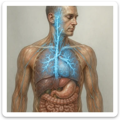 realistic detailed anatomical image of human body highlighting the vagus nerve, clear visible path of the vagus nerve, clinical atmosphere, visual effect suggesting improvement due to cold exposure such as blue glow or ice around the nerve, natural colors, transparency showing internal organs, neutral background sticker