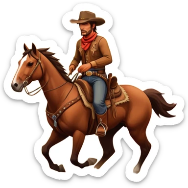 An icon representing an adventure game, inspired by Red Dead Redemption II. The design features a rugged cowboy riding a galloping horse across an open prairie, with towering mesas, cacti, and a golden sunset in the background. The atmosphere conveys freedom, action, and the thrill of the untamed frontier. Transparent background. sticker